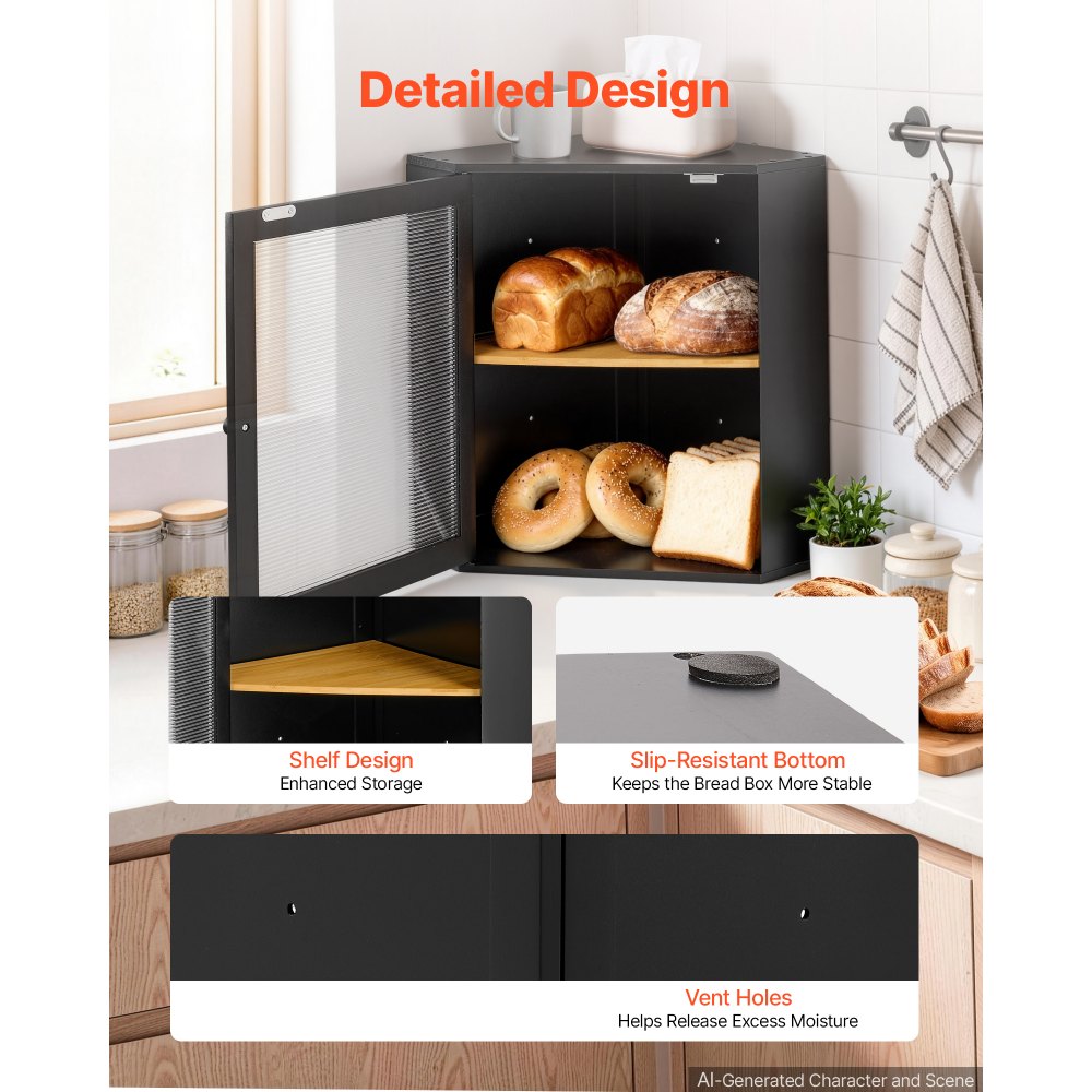 VEVOR Corner Bread Box for Kitchen Counter Bamboo Wood Container Black, for Homemade Bread, Under Cabinet, and Pantry, Double Layer Farmhouse Breadbox Bin, with Acrylic Door Panel and Air Vents