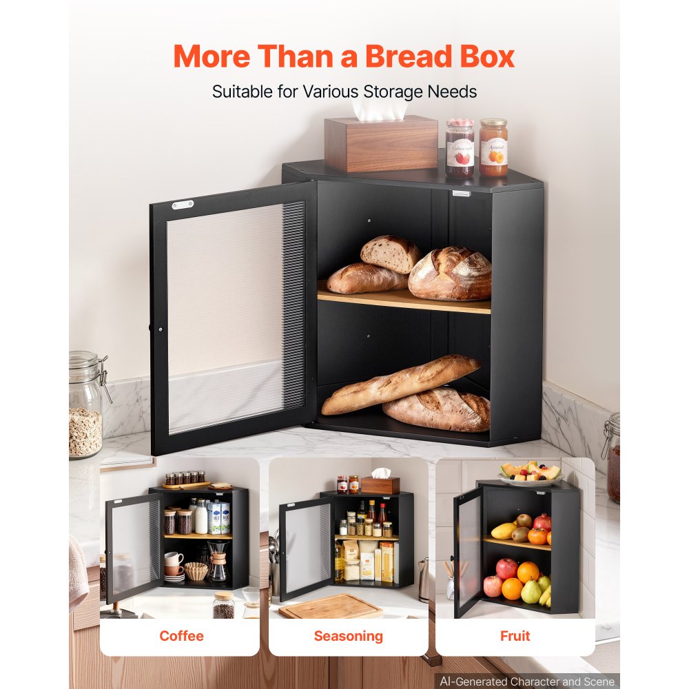 VEVOR Corner Bread Box for Kitchen Counter Bamboo Wood Container Black, for Homemade Bread, Under Cabinet, and Pantry, Double Layer Farmhouse Breadbox Bin, with Acrylic Door Panel and Air Vents