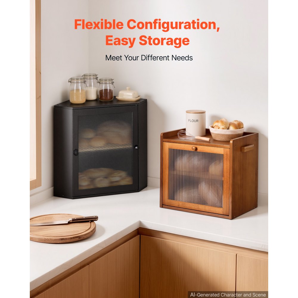 VEVOR Corner Bread Box for Kitchen Counter Bamboo Wood Container Black, for Homemade Bread, Under Cabinet, and Pantry, Double Layer Farmhouse Breadbox Bin, with Acrylic Door Panel and Air Vents