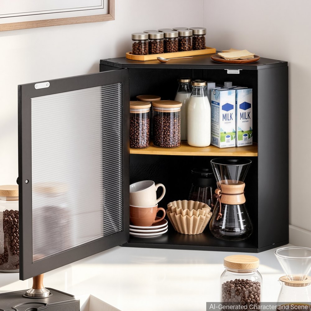VEVOR Corner Bread Box for Kitchen Counter Bamboo Wood Container Black, for Homemade Bread, Under Cabinet, and Pantry, Double Layer Farmhouse Breadbox Bin, with Acrylic Door Panel and Air Vents