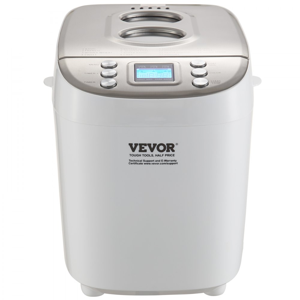 VEVOR Bread Maker, 15-in-1 3LB Dough Machine, Nonstick Ceramic Pan Automatic Breadmaker with Gluten Free Setting, Whole Wheat Bread Making, Digital, Programmable, 3 Loaf Sizes, 3 Crust Colors, White