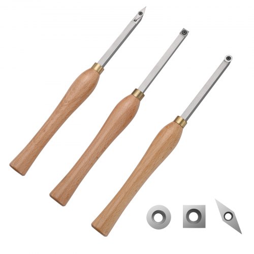 VEVOR Wood Lathe Chisel Set, 3 PCS Woodworking Turning Tools, Includes Square, Round, Diamond Carbide Blades, 7.87" Comfortable Grip Handles, Wood Chisel Set with Wooden Box For Turning Pens or Small