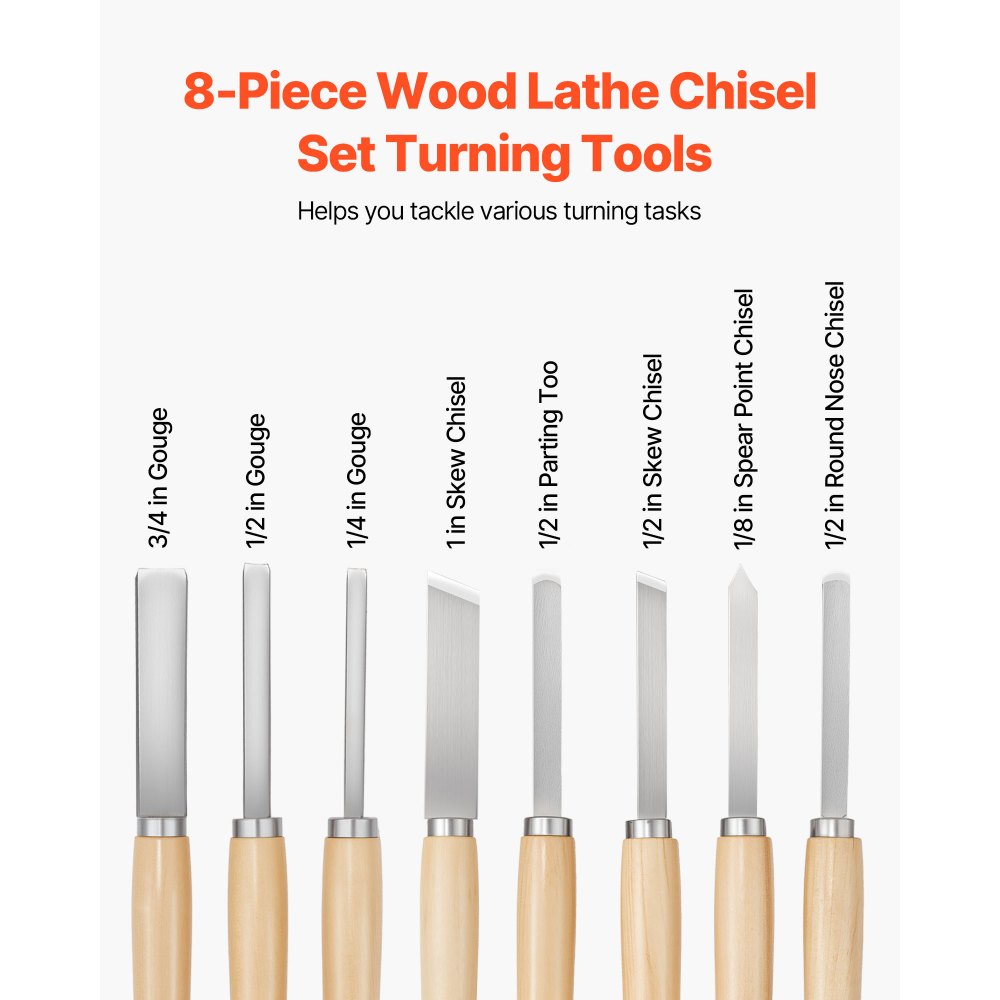 VEVOR Wood Lathe Turning Tool Set, 8PCS, Lathe Chisel Set with Carbon Steel Blade, 2 Skew, 1 Spear Point, 1 Parting, 1 Round Nose, 3 Gouge Tools, 1 Oxford Bag, for Beginners, Hobbyists, Professionals