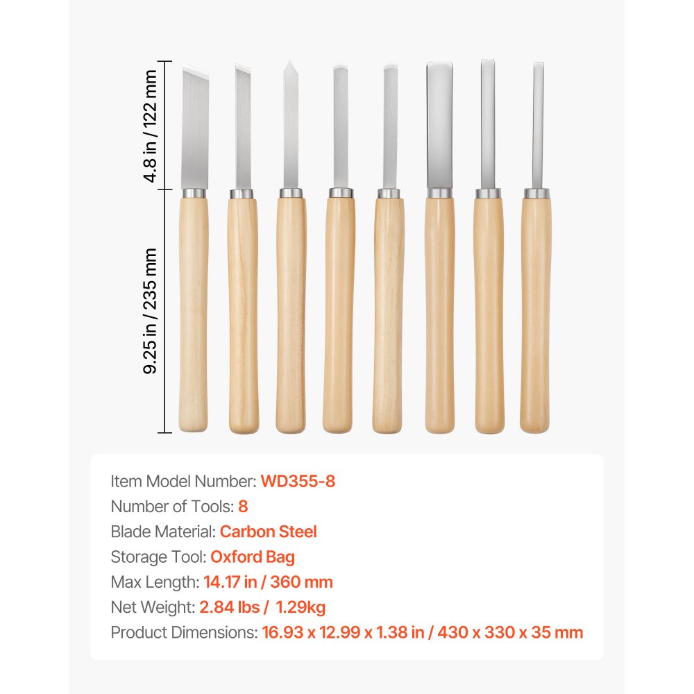 VEVOR Wood Lathe Turning Tool Set, 8PCS, Lathe Chisel Set with Carbon Steel Blade, 2 Skew, 1 Spear Point, 1 Parting, 1 Round Nose, 3 Gouge Tools, 1 Oxford Bag, for Beginners, Hobbyists, Professionals