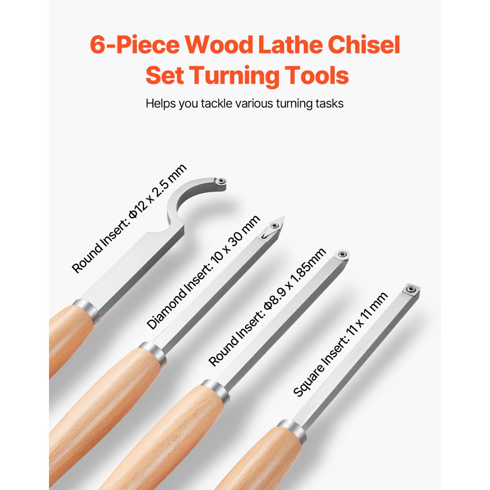 VEVOR Wood Lathe Turning Tool Set, 6PCS, Lathe Roughing, Finishing, Detailing Hollow Tool with Wooden Handle, Diamond Round Square Carbide Inserts, Wooden Box, for Beginners, Hobbyists, Professionals
