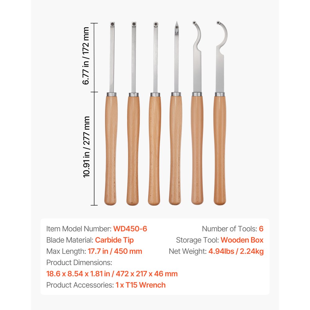 VEVOR Wood Lathe Turning Tool Set, 6PCS, Lathe Roughing, Finishing, Detailing Hollow Tool with Wooden Handle, Diamond Round Square Carbide Inserts, Wooden Box, for Beginners, Hobbyists, Professionals