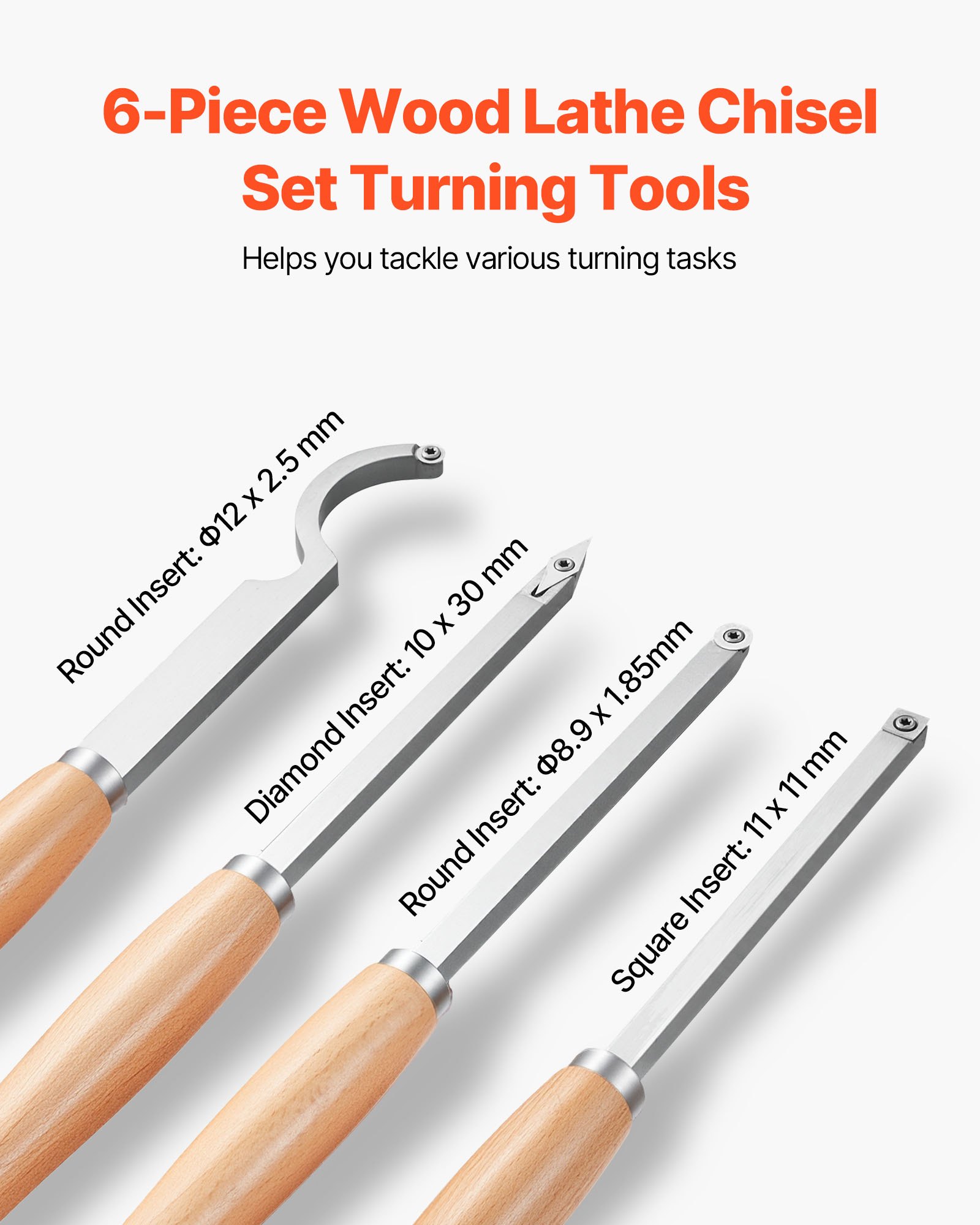 VEVOR Wood Lathe Turning Tool Set, 6PCS, Lathe Roughing, Finishing, Detailing Hollow Tool with Wooden Handle, Diamond Round Square Carbide Inserts, Wooden Box, for Beginners, Hobbyists, Professionals