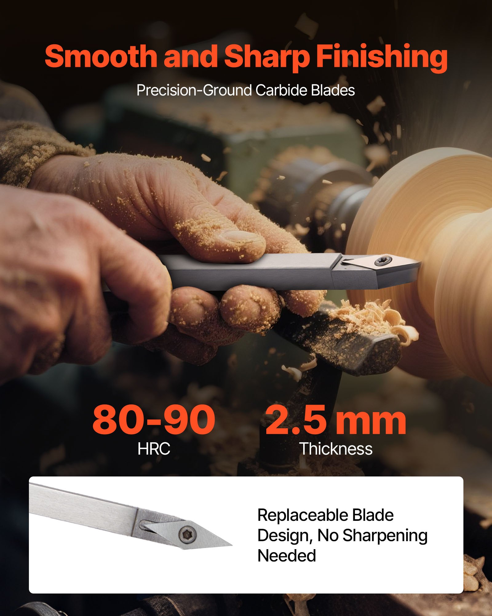 VEVOR Wood Lathe Turning Tool Set, 6PCS, Lathe Roughing, Finishing, Detailing Hollow Tool with Wooden Handle, Diamond Round Square Carbide Inserts, Wooden Box, for Beginners, Hobbyists, Professionals