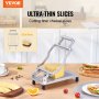 VEVOR cheese slicer cutting ultra-thin cheese slices on a kitchen countertop with food in the background.