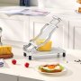 VEVOR cheese slicer on kitchen counter, slicing block cheese near sandwich and cherry tomatoes.