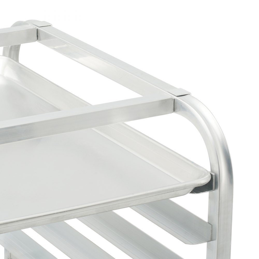 close-up of a metal VEVOR bun pan rack with multiple tiers and a smooth silver finish.