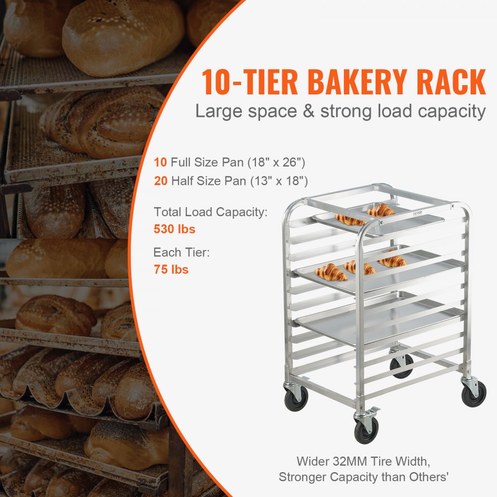 VEVOR Bun Pan Rack, 10-Tier Commercial Bakery Racks with Brake Wheels, Aluminum Racking Trolley Storage for Half & Full Sheet, Speed Rack For Kitchen Home, Bread Baking Equipment, 660x515x985 mm