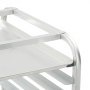 close-up of a metal VEVOR bun pan rack with multiple tiers and a smooth silver finish.