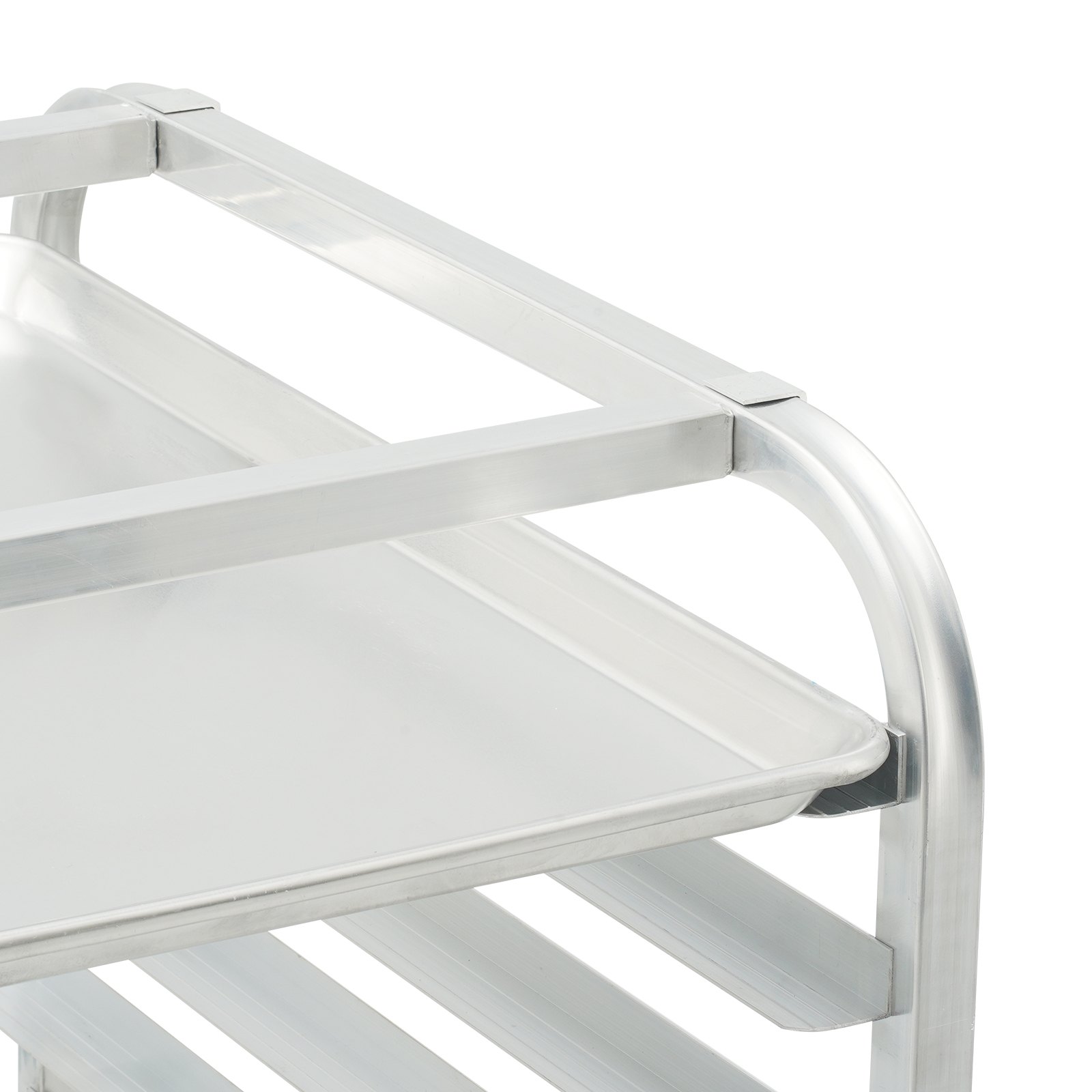close-up of a metal VEVOR bun pan rack with multiple tiers and a smooth silver finish.
