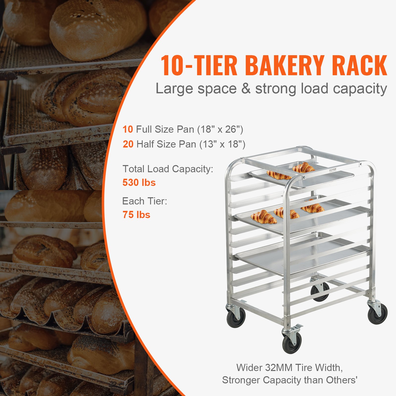 VEVOR Bun Pan Rack, 10-Tier Commercial Bakery Racks with Brake Wheels, Aluminum Racking Trolley Storage for Half & Full Sheet, Speed Rack For Kitchen Home, Bread Baking Equipment, 660x515x985 mm