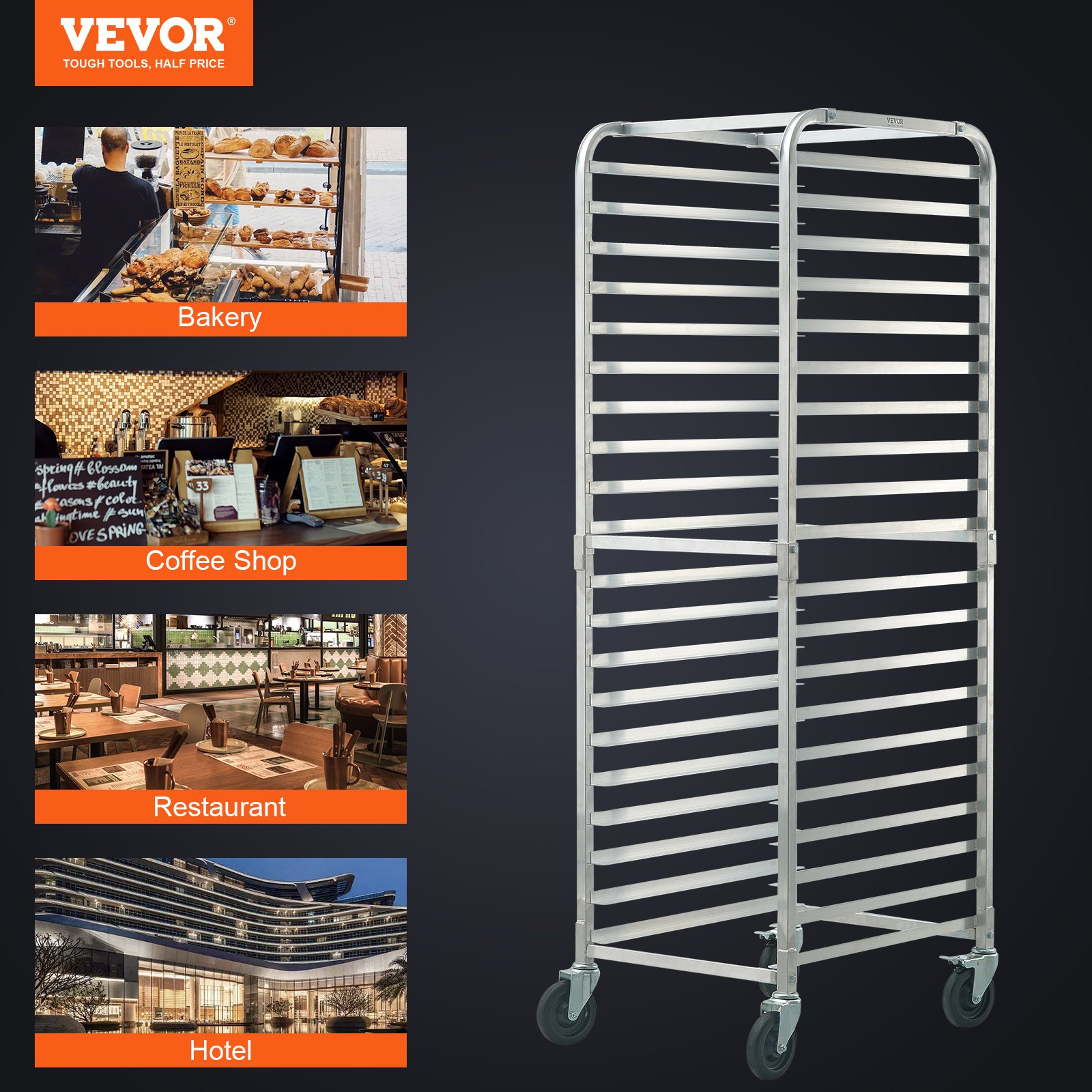 VEVOR Bun Pan Rack, 20-Tier Commercial Bakery Racks with Brake Wheels, Aluminum Racking Trolley Storage for Half & Full Sheet, Speed Rack For Kitchen Home, Bread Baking Equipment, 66 x 51.8 x 177.8 cm