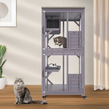 Casă pentru pisici VEVOR în aer liber, Catio mare cu 3 niveluri, carcasă pentru pisici cu rotile rotative la 360°, 2 platforme, o cutie de odihnă și ușă mare din față, 29,9 x 34 x 64,1 inci