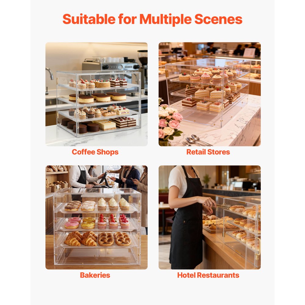 VEVOR Bakery Display Case, 4-Tier Commercial Countertop Pastry Display Case, Clear Acrylic Bread Box for Kitchen, Party Cake Cabinet with Magnetic Rear Door for Cookie Dessert Donut, 570x455x405 mm