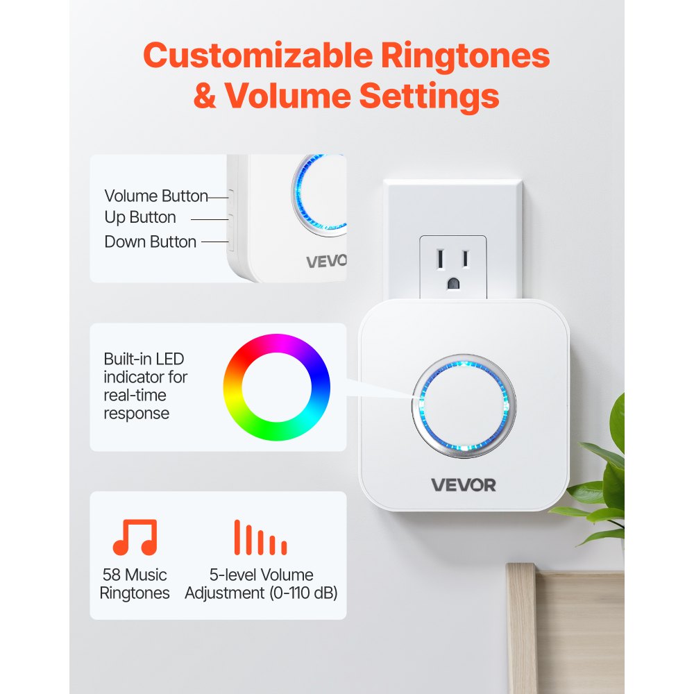 VEVOR Door Chime, DC 12V, Wireless Door Open Contact Sensor Alarm Chime with 656 ft Range, 58 Chimes & 5 Adjustable Volume, Doors Ringer Alert for Business, Store, Home, Office When Entering
