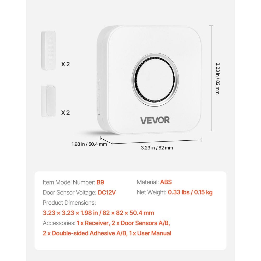 VEVOR Door Chime, DC 12V, Wireless Door Open Contact Sensor Alarm Chime with 656 ft Range, 58 Chimes & 5 Adjustable Volume, Doors Ringer Alert for Business, Store, Home, Office When Entering