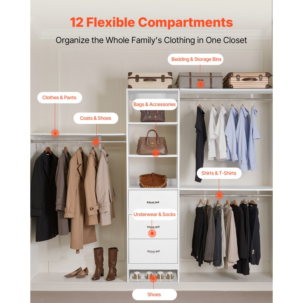 VEVOR Closet System with 3 Drawers, Adjustable Height Wooden Closet Organizers, Modern Walk-in Wardrobe Organization with 3 Retractable Clothes Hanger Rods, Freestanding Garment Rack Storage, White