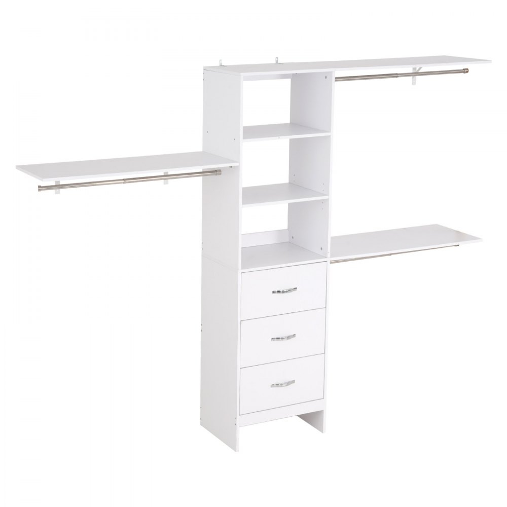 VEVOR Closet System with 3 Drawers, Adjustable Height Wooden Closet Organizers, Modern Walk-in Wardrobe Organization with 3 Retractable Clothes Hanger Rods, Freestanding Garment Rack Storage, White