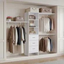 VEVOR Closet System with 3 Drawers, Adjustable Height Wooden Closet Organizers, Modern Walk-in Wardrobe Organization with 3 Retractable Clothes Hanger Rods, Freestanding Garment Rack Storage, White