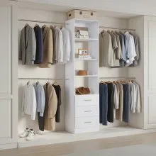 VEVOR Closet System with 3 Drawers, Adjustable Height Wooden Closet Organizers, Modern Walk-in Wardrobe Organization with 4 Retractable Clothes Hanger Rods, Freestanding Garment Rack Storage, White