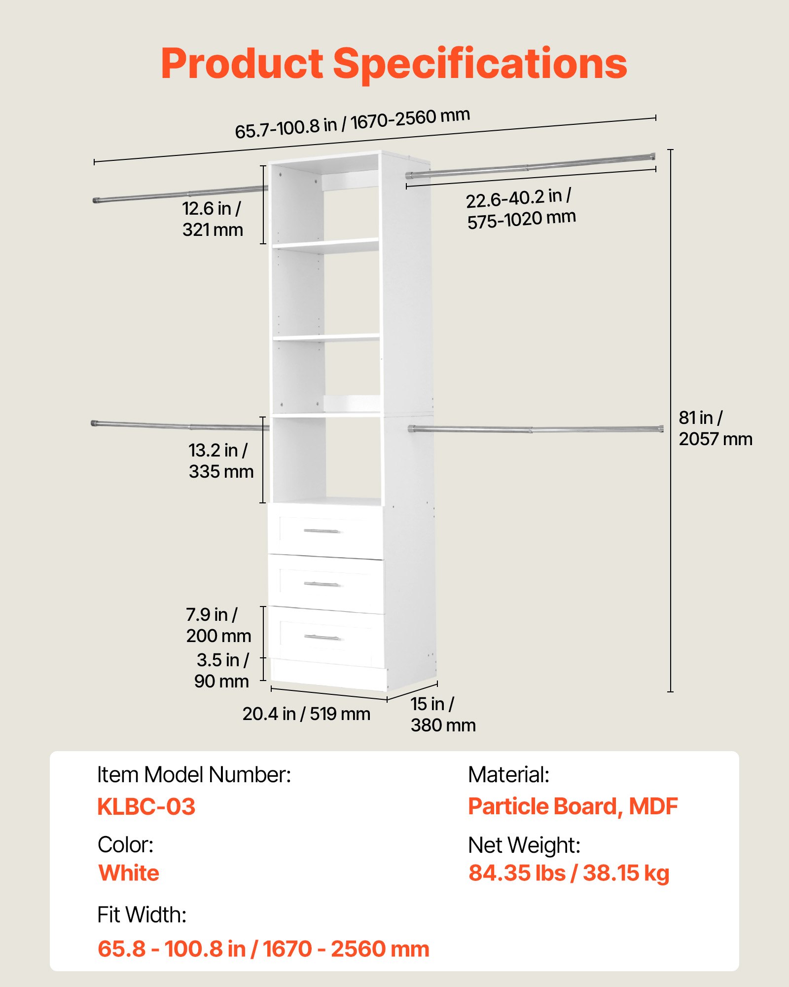 VEVOR Closet System with 3 Drawers, Adjustable Height Wooden Closet Organizers, Modern Walk-in Wardrobe Organization with 4 Retractable Clothes Hanger Rods, Freestanding Garment Rack Storage, White