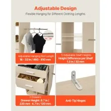 VEVOR Closet System with 2 Drawers, Adjustable Height Wooden Closet Organizers, Modern Walk-in Wardrobe Organization with 5 Retractable Clothes Hanger Rods, Freestanding Garment Rack Storage, Grey