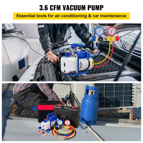 VEVOR Vacuum Pump 3.6CFM 1/4 HP Single Stage HVAC A/C Refrigeration Kit 5PA Ultimate Vacuum Manifold Gauge Set R12 R22 R134a R404A, Manifold Gauge and 5ft Hose for Air Conditioning Systems