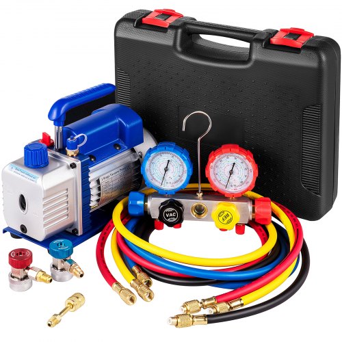 VEVOR Vacuum Pump 4.8CFM 1/4 HP Single Stage HVAC A/C Refrigeration Kit 5PA Ultimate Vacuum Manifold Gauge Set R410A R134A R22 HVAC AC, 4-Way Manifold Gauge and Hose for Air Conditioning Systems