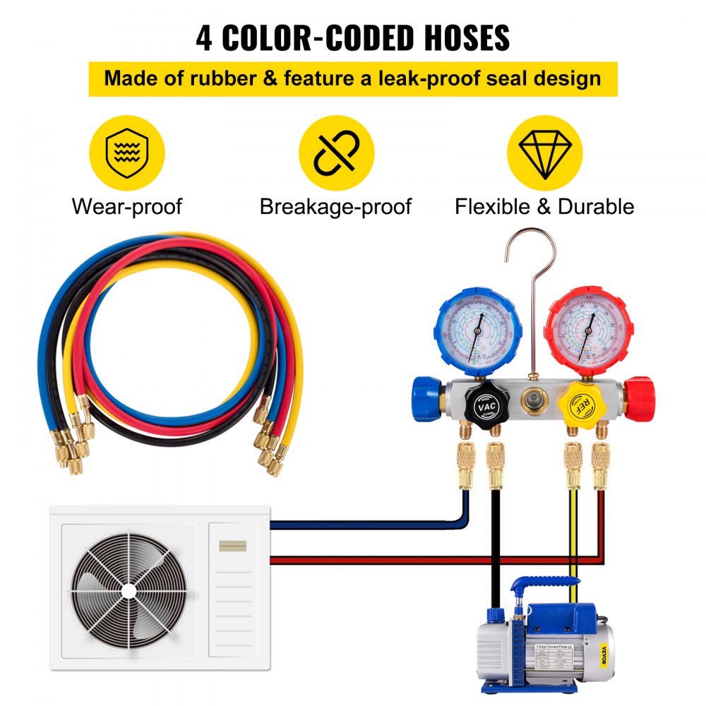 VEVOR Suction Pump 4.8CFM 1/4 HP Single Stage for HVAC A/C Cooling Systems, 5PA Ultimate Vacuum, Manifold Gauge Kit R410A R134A R22, Includes 4-Way Gauge & Hose