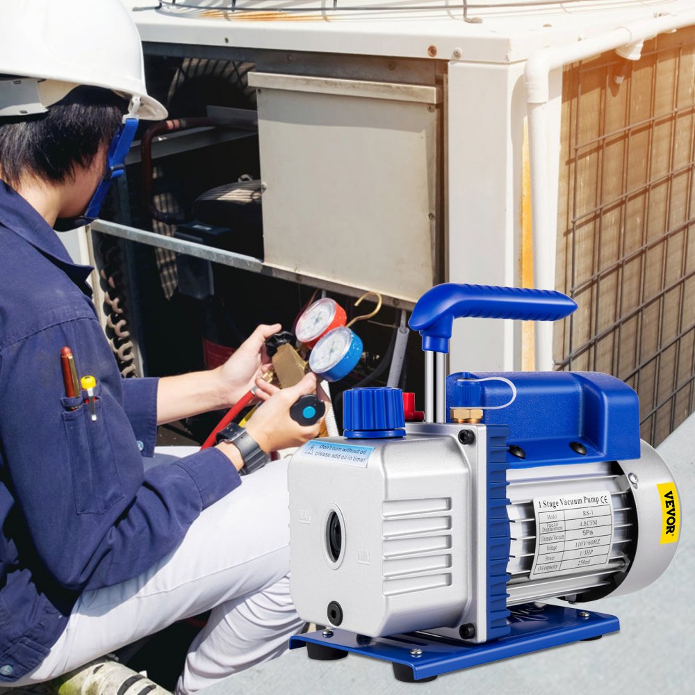 VEVOR Suction Pump 4.8CFM 1/4 HP Single Stage for HVAC A/C Cooling Systems, 5PA Ultimate Vacuum, Manifold Gauge Kit R410A R134A R22, Includes 4-Way Gauge & Hose