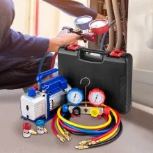 VEVOR Vacuum Pump 4.8CFM 1/3 HP Single Stage HVAC A/C Refrigeration Kit 5PA Ultimate Vacuum Manifold Gauge Set R410A R134A R22 HVAC AC, 4-Way Manifold Gauge and Hose for Air Conditioning Systems