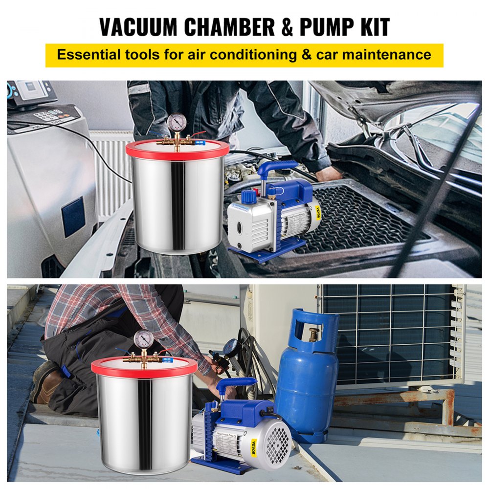 VEVOR Cámara de vacío con bomba 3CFM 1/4HP Bomba de vacío de una sola etapa con cámara de vacío de alta capacidad de 5 galones, Kit de cámara de bomba de vacío Kit de cámara de desgasificación al vacío para sistemas de aire acondicionado