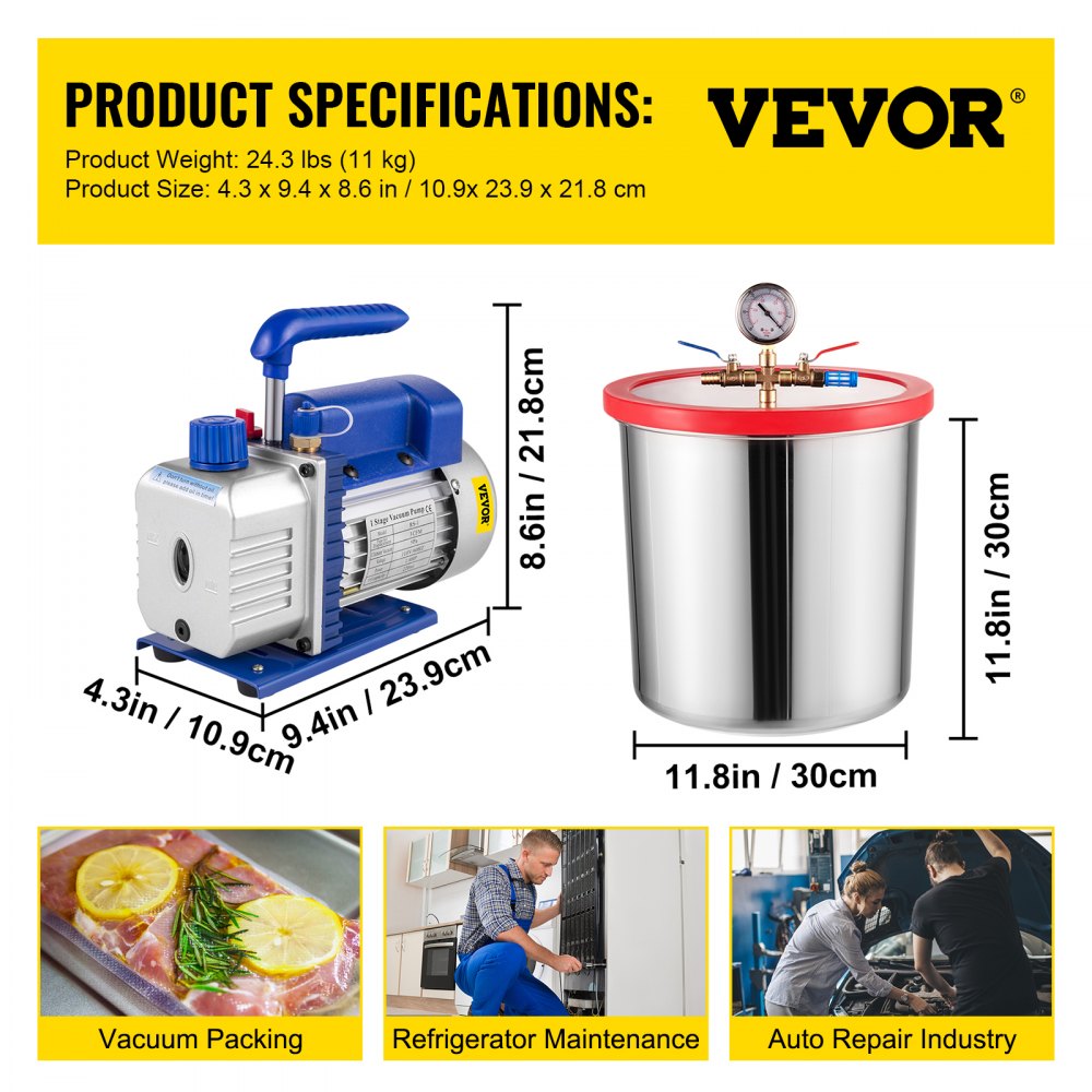 VEVOR Cámara de vacío con bomba 3CFM 1/4HP Bomba de vacío de una sola etapa con cámara de vacío de alta capacidad de 5 galones, Kit de cámara de bomba de vacío Kit de cámara de desgasificación al vacío para sistemas de aire acondicionado