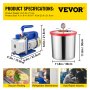 VEVOR Cámara de vacío con bomba 3CFM 1/4HP Bomba de vacío de una sola etapa con cámara de vacío de alta capacidad de 5 galones, Kit de cámara de bomba de vacío Kit de cámara de desgasificación al vacío para sistemas de aire acondicionado