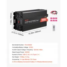 VEVOR 4000W Power Inverter, 12V DC to 120V AC Modified Sine Wave Inverter, Solar Car Charger Converter with LCD Display, Remote Control, 2 USB Ports, 4 AC Outlets, Type-C Port, for RV, Truck Outdoor