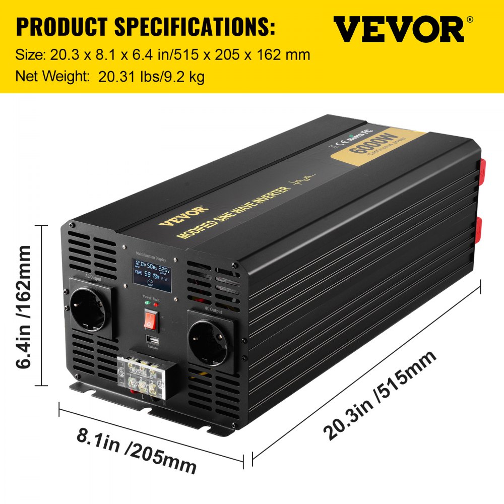 VEVOR Power Inverter, 6000W, Modified Sine Wave Inverter DC 12V to AC 230V Car Converter with LCD Display, LED Indicators EU Outlets Power Inverter, for Car RV Truck Boat Travel