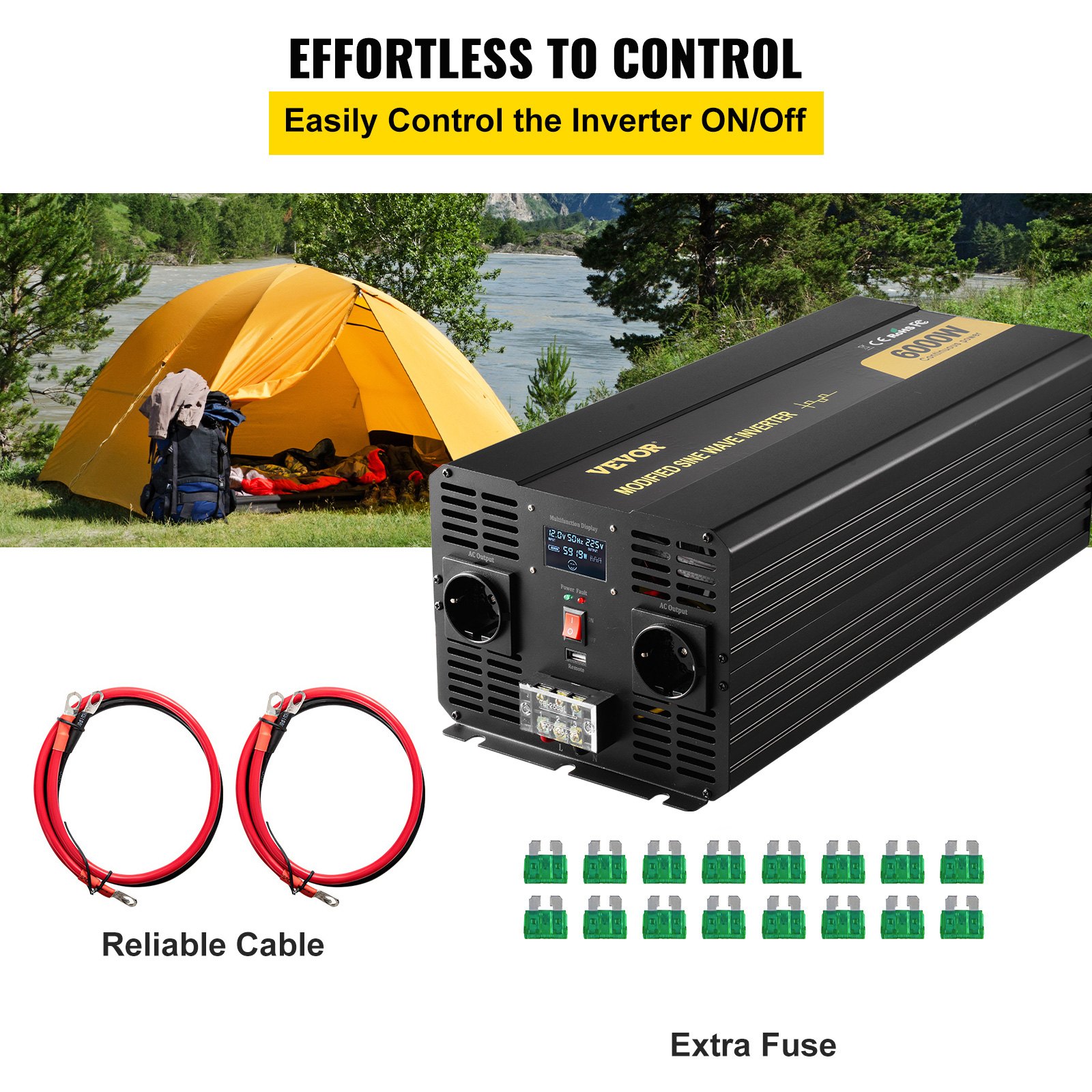 VEVOR Power Inverter, 6000W, Modified Sine Wave Inverter DC 12V to AC 230V Car Converter with LCD Display, LED Indicators EU Outlets Power Inverter, for Car RV Truck Boat Travel