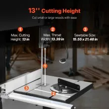 Woodworking Bandsaw 13.39 in Width Benchtop Band Saw 440-846 RPM 1100W 1-1/2HP