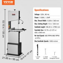 VEVOR Band Saw, 14-Inch, 480-960 RPM Continuously Viable Benchtop Bandsaw, 1100W 1-1/2HP Motor, with Optimized Work Light Workbench Stand Cabinet Assembly and Miter Gauge, for Woodworking Aluminum