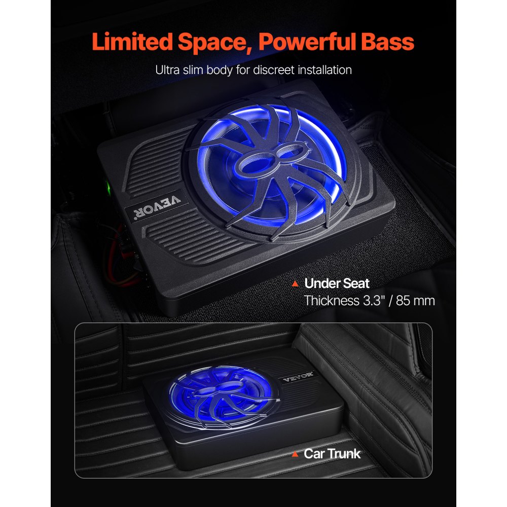 VEVOR 10" 440W Underseat Car Subwoofer, Slim Powered Car Subwoofers with Blue Ambient Light, Low Profile Audio Sub Under the Seat with Built-in Amplifier, Remote Controller for SUVs, Car, Truck, RV