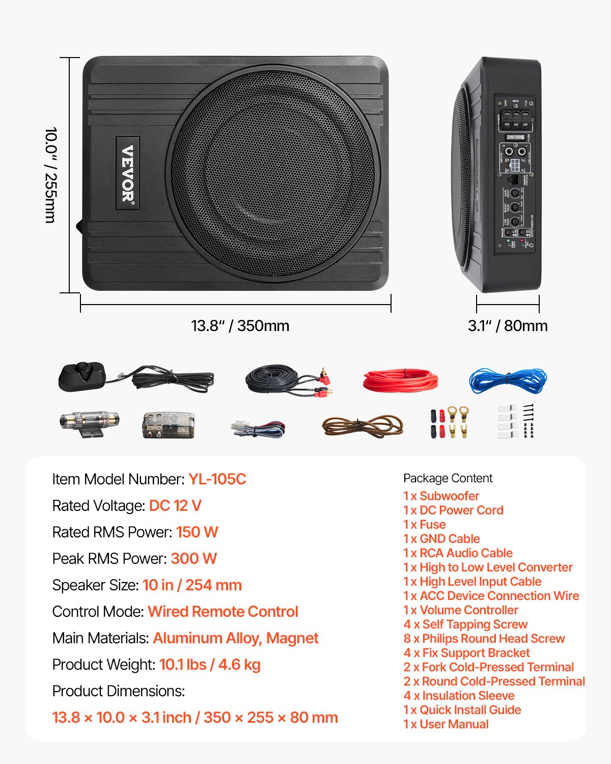 VEVOR 10" 300W Underseat Car Subwoofer, Slim Powered Car Subwoofers Under the Seat, Low Profile Audio Sub Built-in Amplifier, High/Low Level Input & Volume Controller for SUVs, Car, Truck, RV