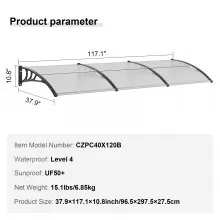 VEVOR Window Door Awning Canopy, 38" x 117" Door Canopy Exterior, UF50+ PC Sunshade Sheet Awnings, Outdoor Patio Awning Sun Shade, Transparent, Waterproof, for Sun Shutter, UV, Rain, Snow Protection