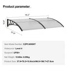 VEVOR Window Door Awning Canopy 40" x 80", UPF 50+ Polycarbonate Entry Door Outdoor Window Awning Exterior, Front Door Overhang Awning for Sun Shutter, UV, Rain, Snow Protection, Hollow Sheet