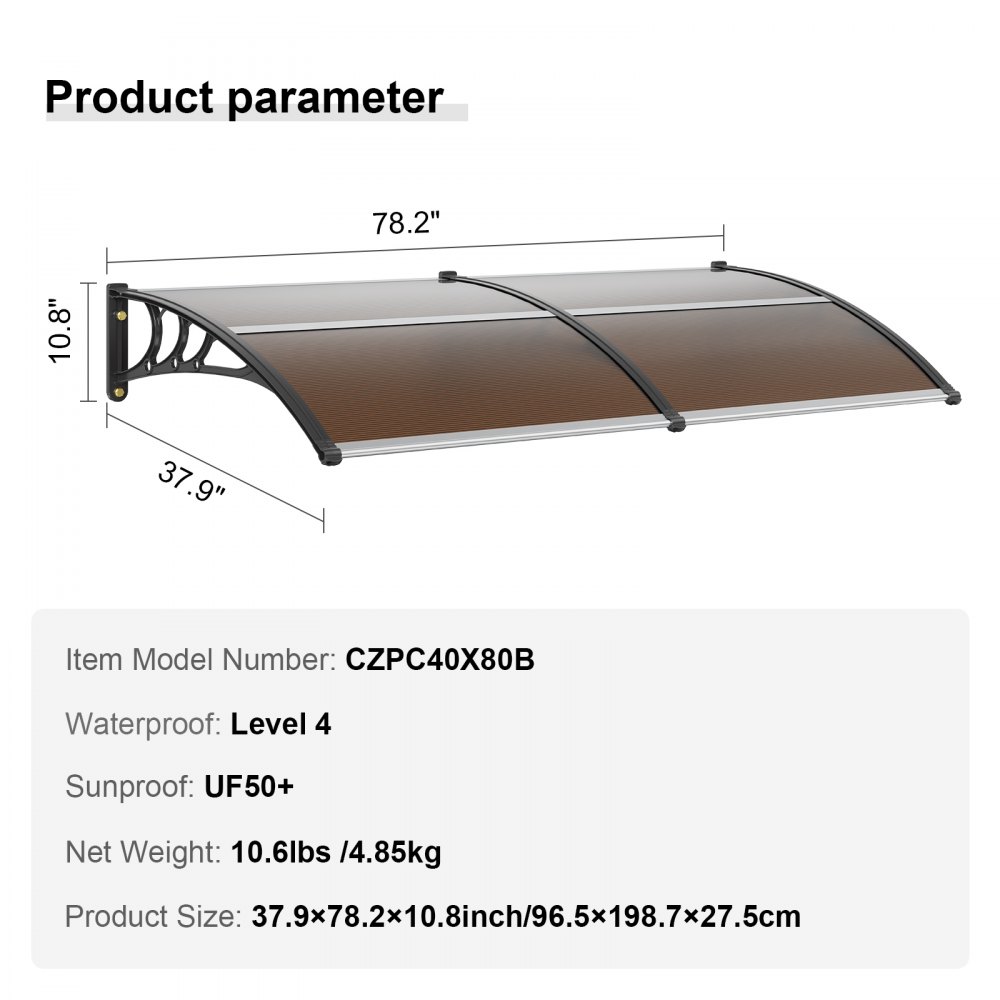 VEVOR Window Door Awning Canopy 80" x 40", UPF 50+ Polycarbonate Entry Door Outdoor Window Awning Exterior, Front Door Overhang Awning for Sun Shutter, UV, Rain, Snow Protection, Hollow Sheet