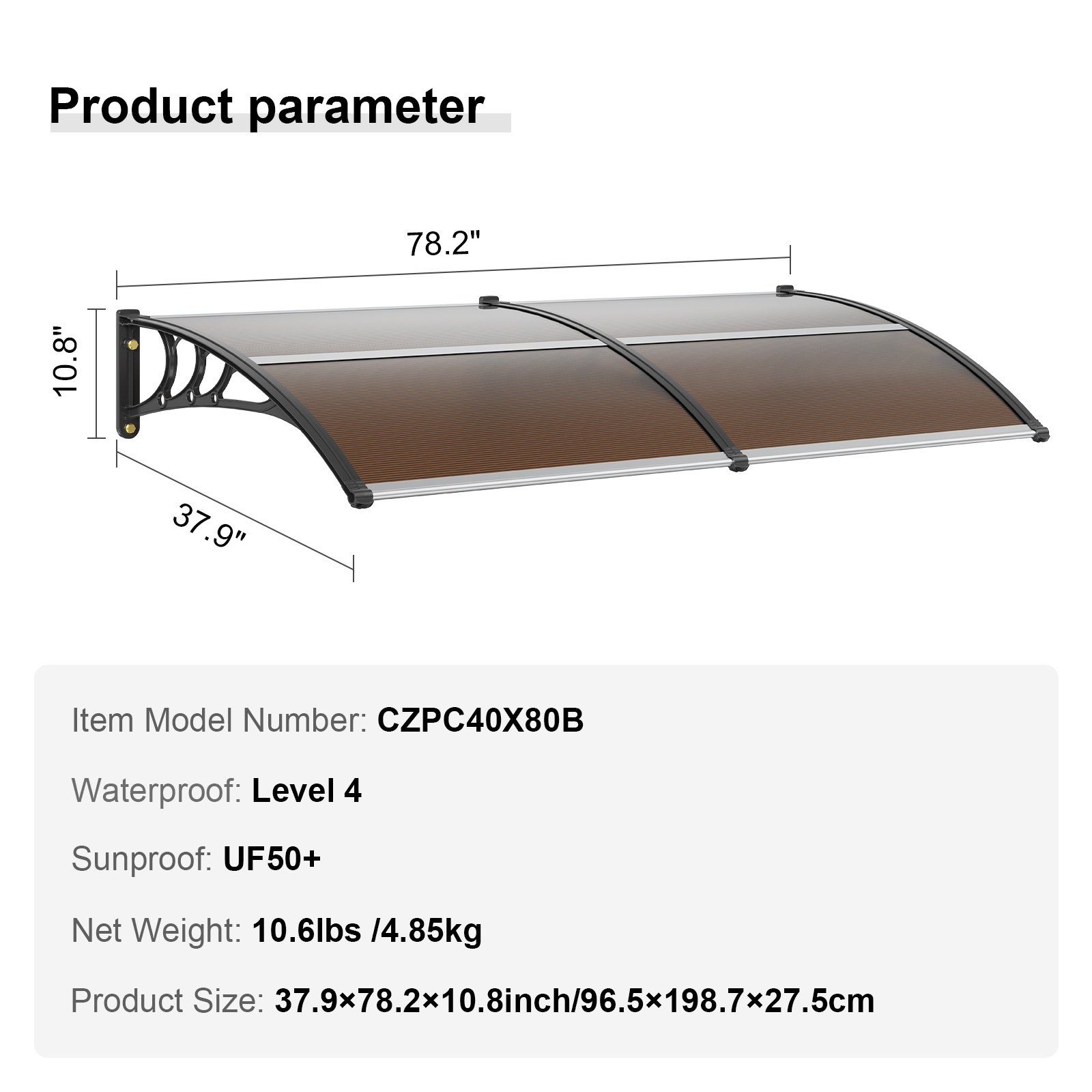 VEVOR Window Door Awning Canopy 80" x 40", UPF 50+ Polycarbonate Entry Door Outdoor Window Awning Exterior, Front Door Overhang Awning for Sun Shutter, UV, Rain, Snow Protection, Hollow Sheet
