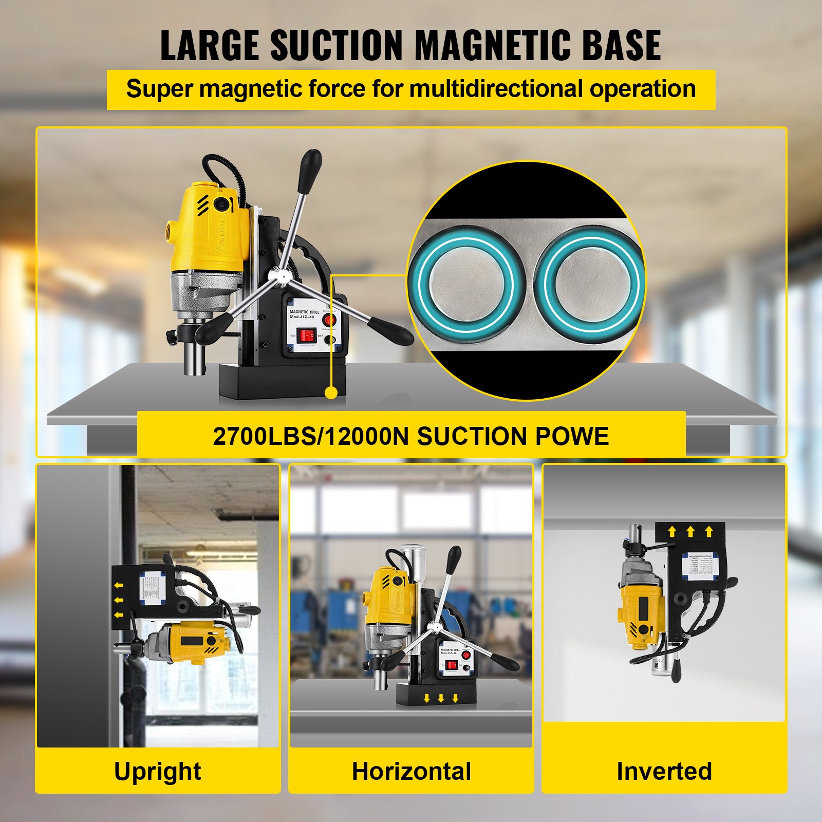 VEVOR Magnetic Drill, 40MM Magnetic Drill Press, 1100W Magnetic Core Drill, 2700 LBS Magnet Force Drilling Machine, 220V Electromagnetic Drill Press, Mag Drill with Chuck for Drilling and Tapping
